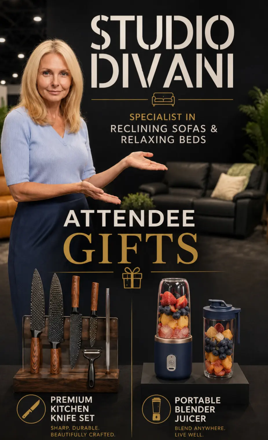 Studio Divani spokesperson presenting premium reclining sofas and complimentary attendee gifts at the Home Show
